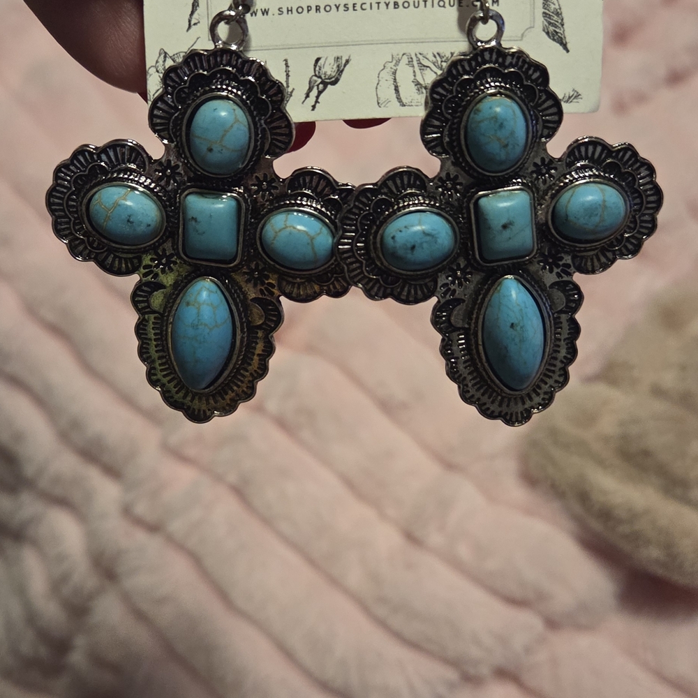 Turquoise and Silver Cross Earrings